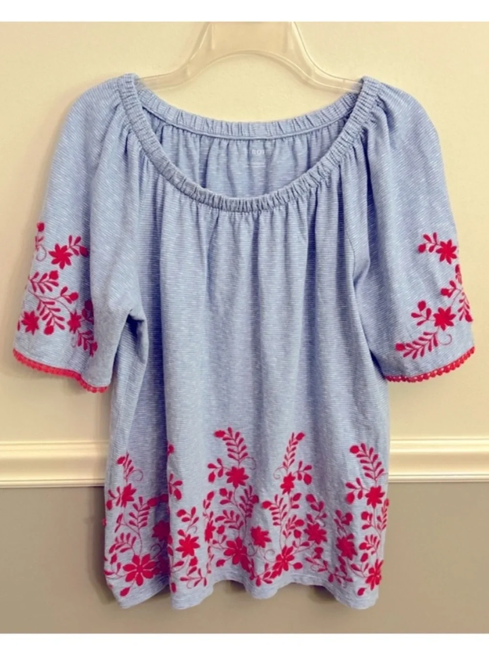 Talbots Light Blue White Striped Blouse with Coral Floral Embroidery Size Large - Picture 2 of 9